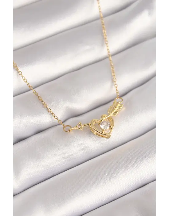  Altın  Zincir Zirkon Taşlı Ok Kalp Model  Çelik Kolye
