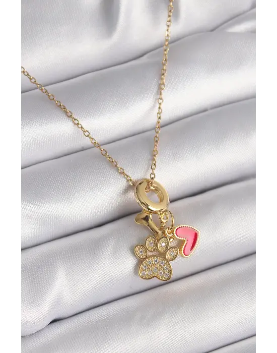  Altın  Zincir Zirkon Taşlı Pati Figür Kalp Detay  Çelik Kolye