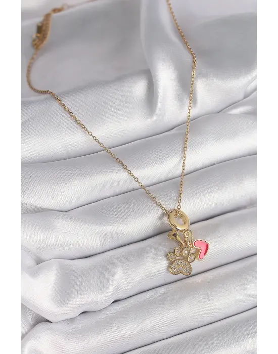  Altın  Zincir Zirkon Taşlı Pati Figür Kalp Detay  Çelik Kolye