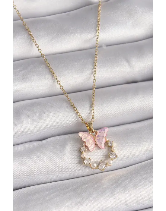  Altın  Zincir Zirkon Taşlı Pembe Mineli Kelebek Model  Çelik Kolye