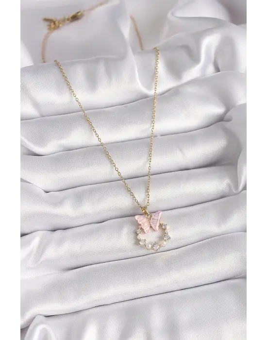  Altın  Zincir Zirkon Taşlı Pembe Mineli Kelebek Model  Çelik Kolye