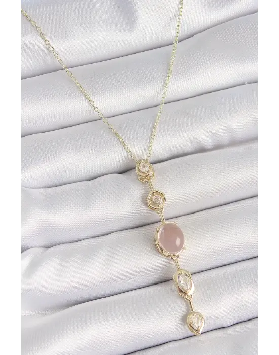 316L Çelik Gold Renk Zincir Zirkon Taşlı Pembe Mineli Y Model Dekolta Kadın Kolye