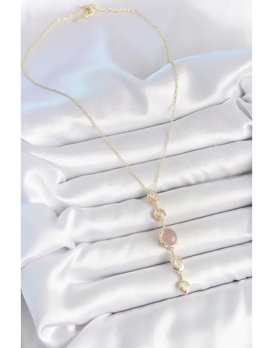 316L Çelik Gold Renk Zincir Zirkon Taşlı Pembe Mineli Y Model Dekolta Kadın Kolye