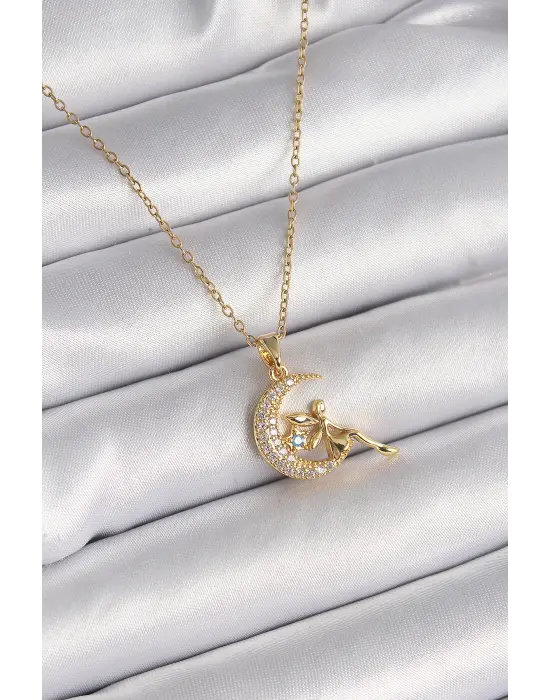  Altın  Zincir Zirkon Taşlı Peri Figür  Çelik Kolye