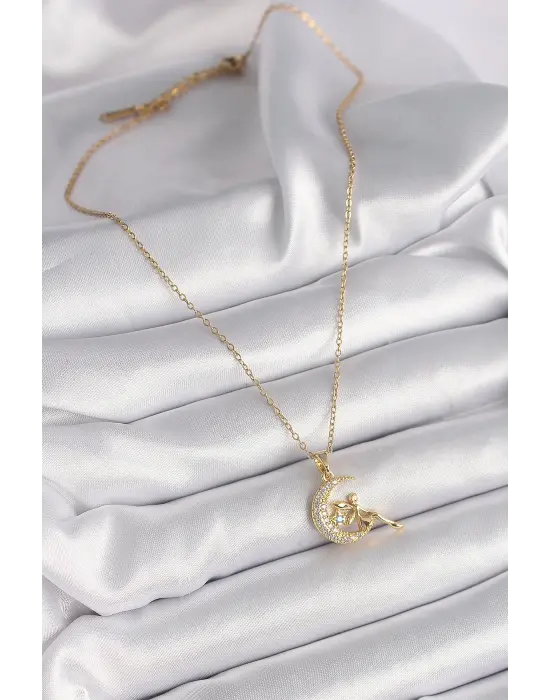  Altın  Zincir Zirkon Taşlı Peri Figür  Çelik Kolye