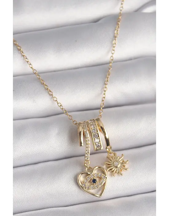  Altın  Zincir Zirkon Taşlı Sallantı Kalp Model Güneş Detay  Charm Çelik Kolye