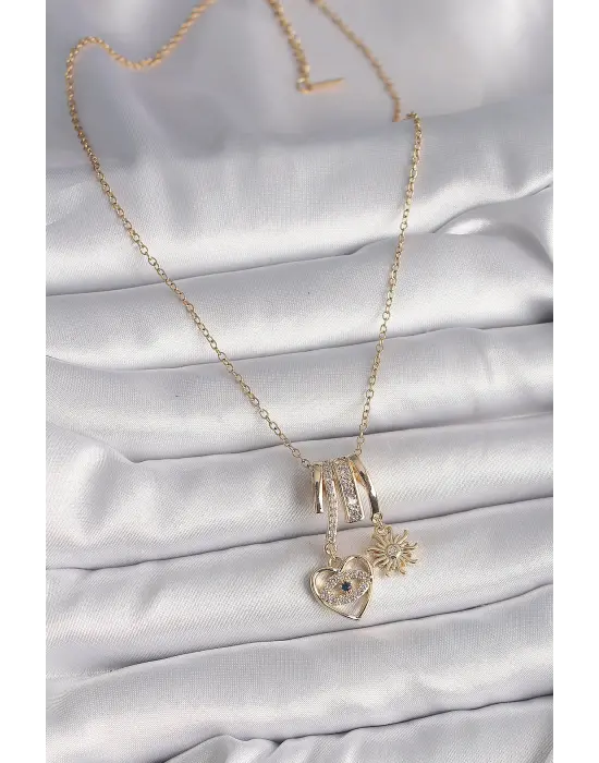  Altın  Zincir Zirkon Taşlı Sallantı Kalp Model Güneş Detay  Charm Çelik Kolye