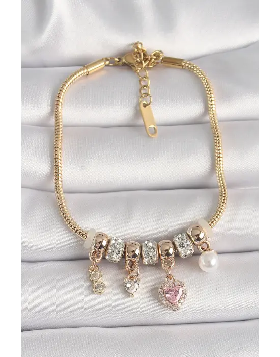316L Çelik Gold Renk Zincir Zirkon Taşlı Sallantı Kalp Model İnci Detay Charm Kadın Bileklik