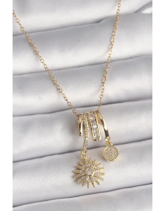  Altın  Zincir Zirkon Taşlı Sallantı Kutup Yılıdızı Model  Charm Çelik Kolye