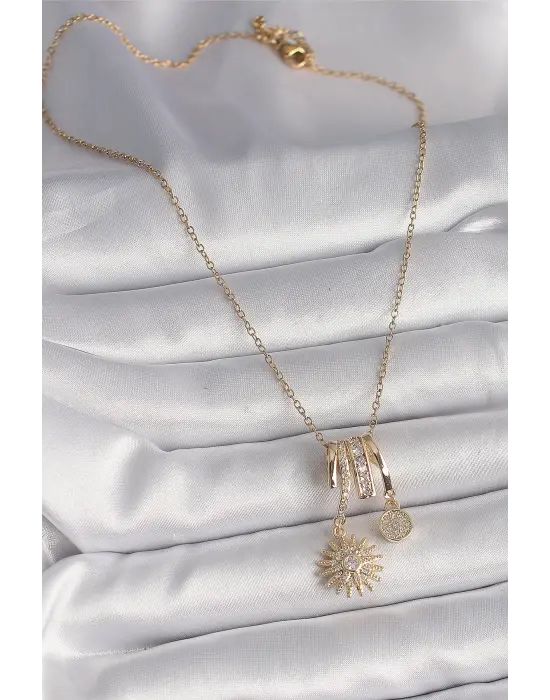  Altın  Zincir Zirkon Taşlı Sallantı Kutup Yılıdızı Model  Charm Çelik Kolye
