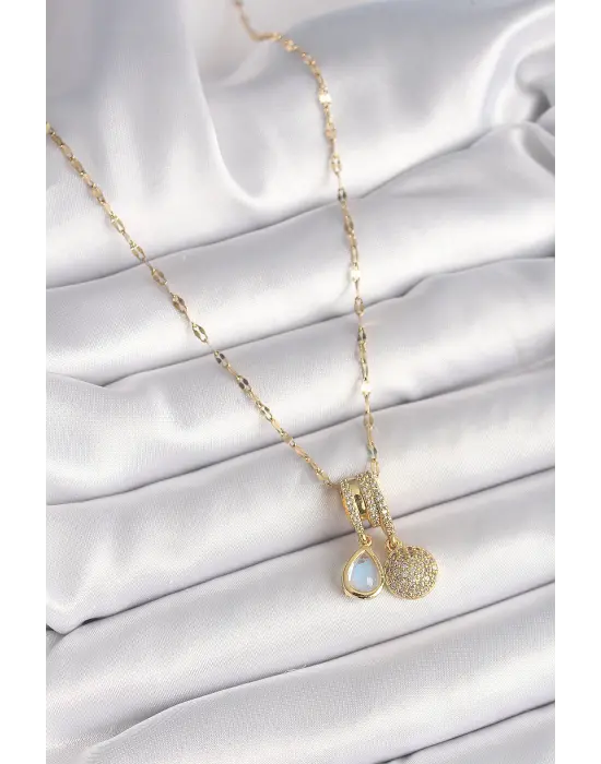 316L Çelik Gold Renk Zincir Zirkon Taşlı Sallantı Mavi Sedefli Damla Figür Kadın Kolye