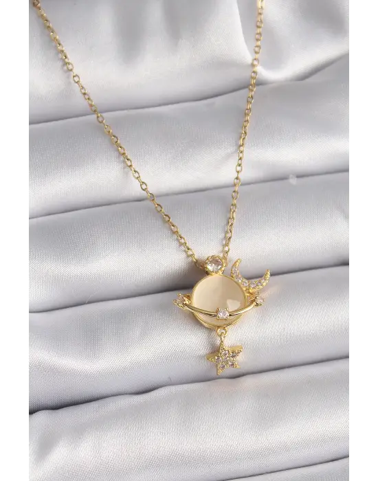  Altın  Zincir Zirkon Taşlı Sarı Mineli Ay Yıldız Model  Çelik Kolye