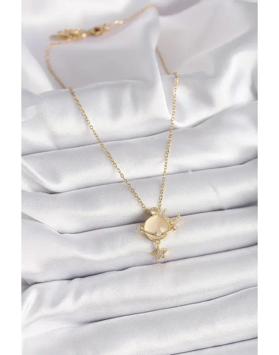  Altın  Zincir Zirkon Taşlı Sarı Mineli Ay Yıldız Model  Çelik Kolye