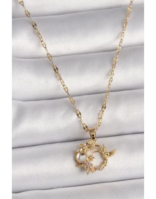  Altın  Zincir Zirkon Taşlı Sinek Kuşu Figür Çiçek Figür  Çelik Kolye