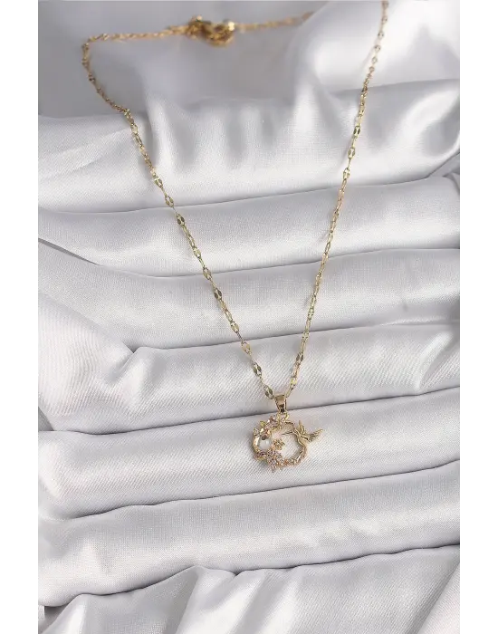  Altın  Zincir Zirkon Taşlı Sinek Kuşu Figür Çiçek Figür  Çelik Kolye