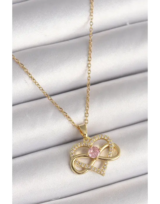  Altın  Zincir Zirkon Taşlı Sonsuzluk Kalp Model  Çelik Kolye