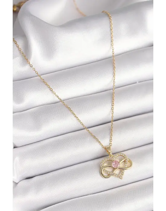  Altın  Zincir Zirkon Taşlı Sonsuzluk Kalp Model  Çelik Kolye