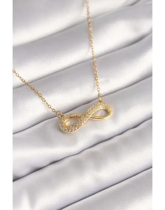  Altın  Zincir Zirkon Taşlı Sonsuzluk Model  Çelik Kolye