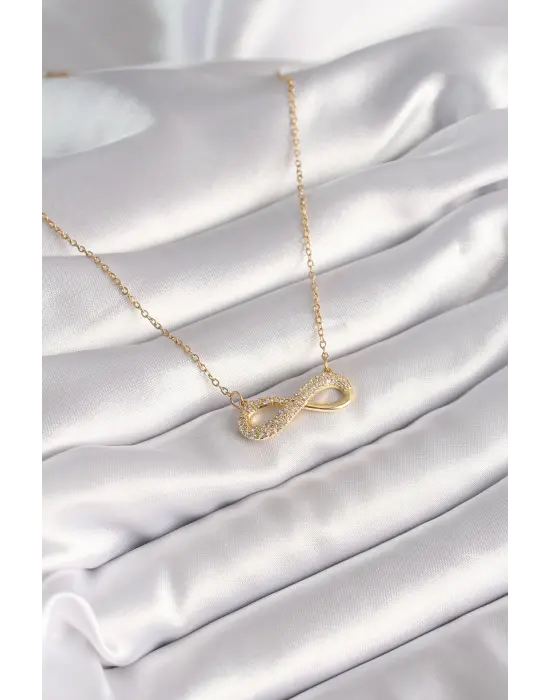  Altın  Zincir Zirkon Taşlı Sonsuzluk Model  Çelik Kolye