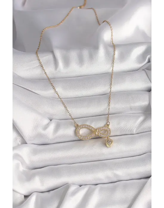  Altın  Zincir Zirkon Taşlı Sonsuzluk Model Sallantı Taşlı Kalp Detay  Çelik Kolye