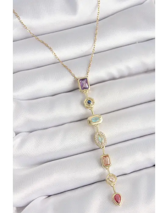 316L Çelik Gold Renk Zincir Zirkon Taşlı Y Model Dekolte Kadın Kolye