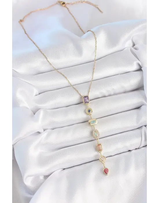 316L Çelik Gold Renk Zincir Zirkon Taşlı Y Model Dekolte Kadın Kolye