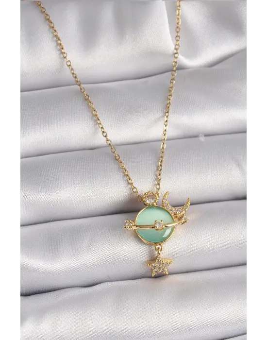  Altın  Zincir Zirkon Taşlı Yeşil Mineli Ay Yıldız Model  Çelik Kolye