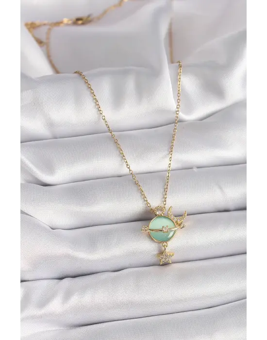  Altın  Zincir Zirkon Taşlı Yeşil Mineli Ay Yıldız Model  Çelik Kolye