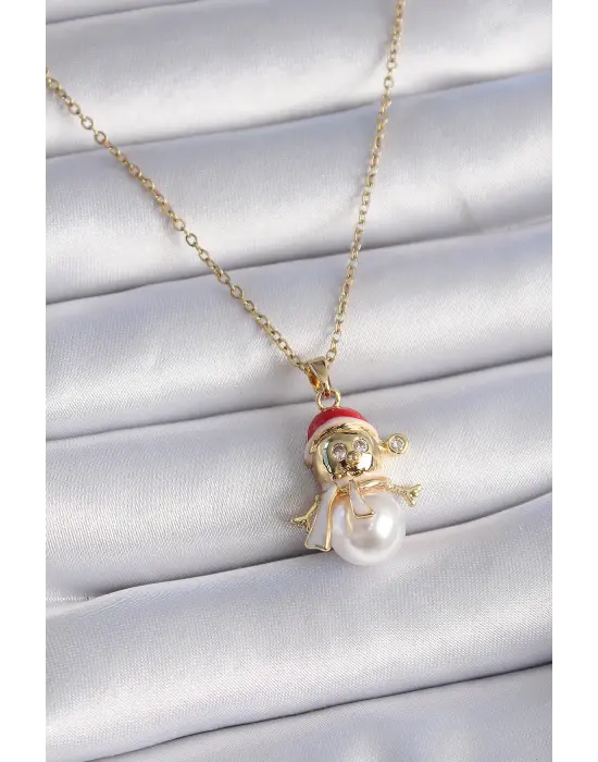  Altın  Zincir Zirkon Taşlı Yılbaşı Temalı Kardan Adam Figür  Çelik Kolye