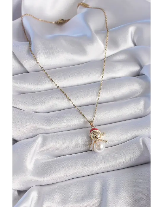  Altın  Zincir Zirkon Taşlı Yılbaşı Temalı Kardan Adam Figür  Çelik Kolye