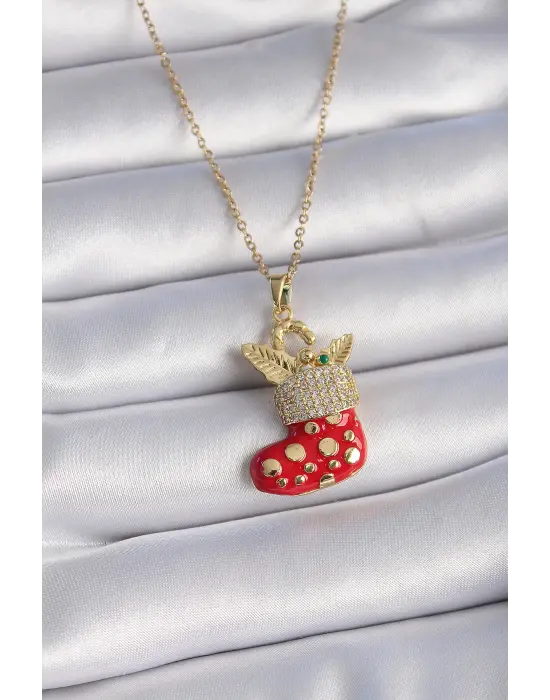  Altın  Zincir Zirkon Taşlı Yılbaşı Temalı Kırmızı Noel Çorabı Figür  Çelik Kolye