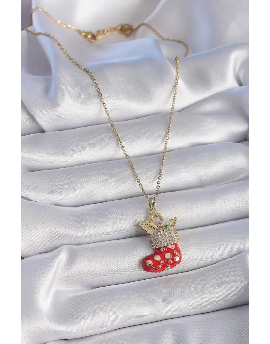  Altın  Zincir Zirkon Taşlı Yılbaşı Temalı Kırmızı Noel Çorabı Figür  Çelik Kolye