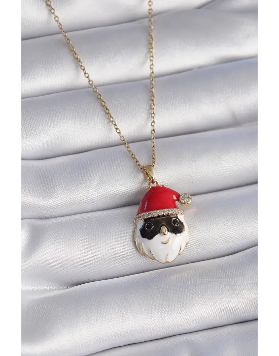 Altın  Zincir Zirkon Taşlı Yılbaşı Temalı Noel Baba Figür  Çelik Kolye