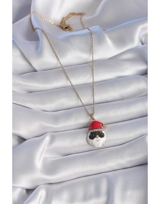  Altın  Zincir Zirkon Taşlı Yılbaşı Temalı Noel Baba Figür  Çelik Kolye