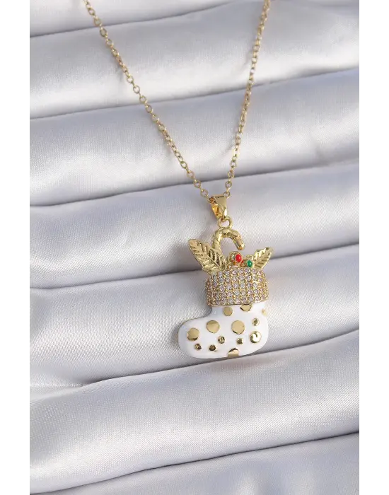  Altın  Zincir Zirkon Taşlı Yılbaşı Temalı Noel Çorabı Figür  Çelik Kolye