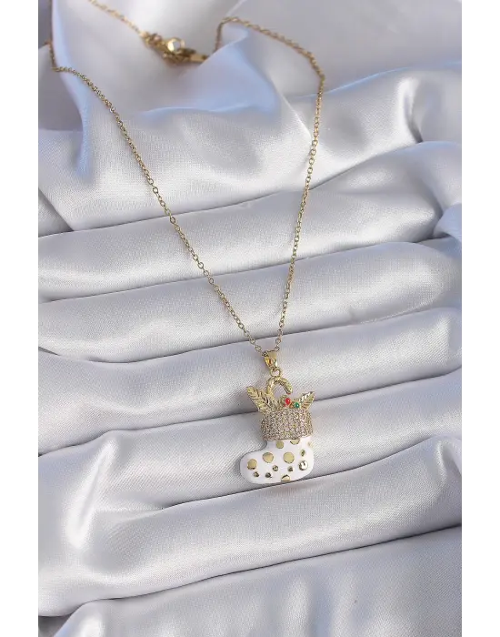  Altın  Zincir Zirkon Taşlı Yılbaşı Temalı Noel Çorabı Figür  Çelik Kolye