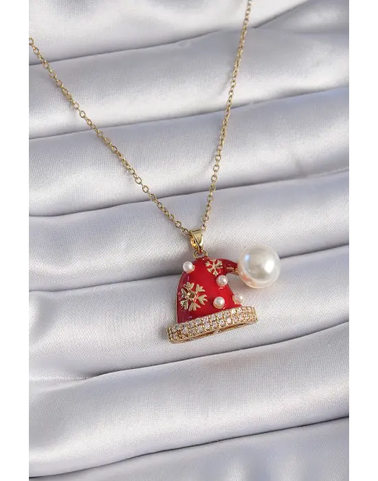  Altın  Zincir Zirkon Taşlı Yılbaşı Temalı Noel Şapkası Figür  Çelik Kolye