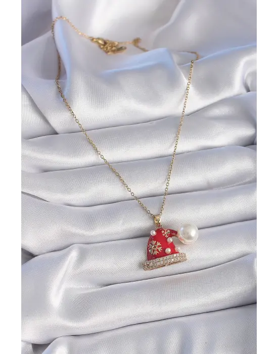  Altın  Zincir Zirkon Taşlı Yılbaşı Temalı Noel Şapkası Figür  Çelik Kolye