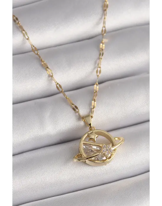  Altın  Zincir Zirkon Taşlı Yıldız Detay Satürn Gezegen Model  Çelik Kolye