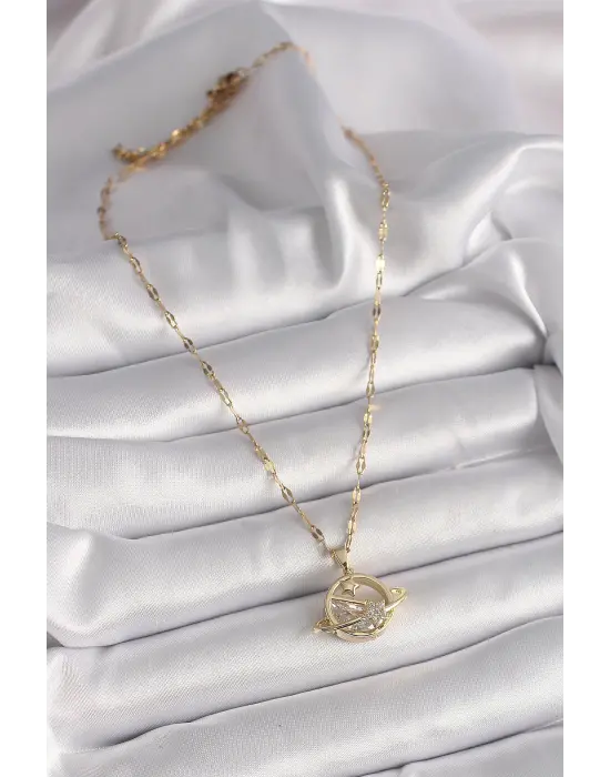  Altın  Zincir Zirkon Taşlı Yıldız Detay Satürn Gezegen Model  Çelik Kolye