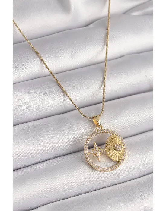  Altın  Zincir Zirkon Taşlı Yıldız İşleme Madalyon Model  Çelik Kolye