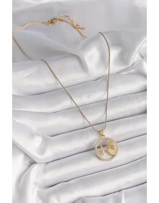  Altın  Zincir Zirkon Taşlı Yıldız İşleme Madalyon Model  Çelik Kolye