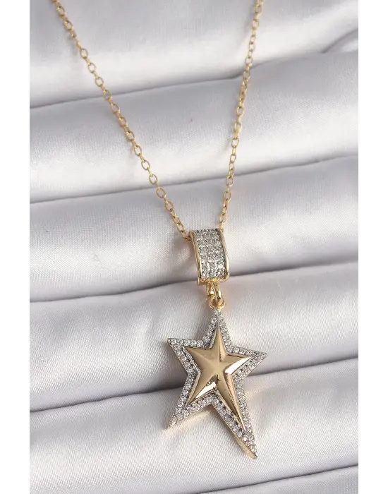  Altın  Zincir Zirkon Taşlı Yıldız Model  Çelik Kolye