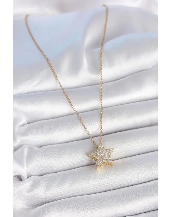 316L Çelik Gold Renk Zincir Zirkon Taşlı Yıldız Model Kadın Kolye