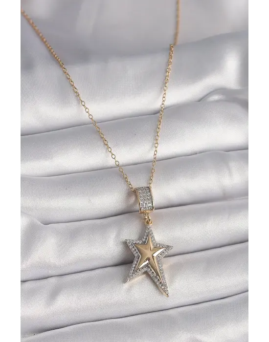  Altın  Zincir Zirkon Taşlı Yıldız Model  Çelik Kolye
