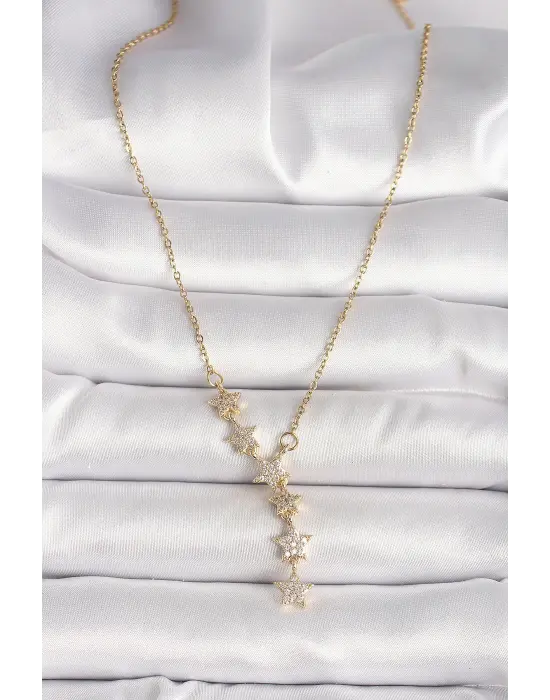 316L Çelik Gold Renk Zincir Zirkon Taşlı Yıldız Model Kadın Kolye