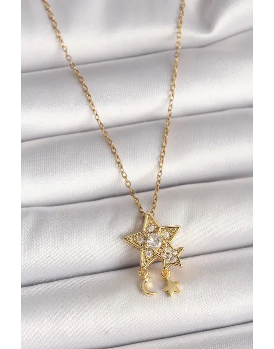 316L Çelik Gold Renk Zincir Zirkon Taşlı Yıldız Model Sallanı Ay Yıldız Detay Kadın Kolye