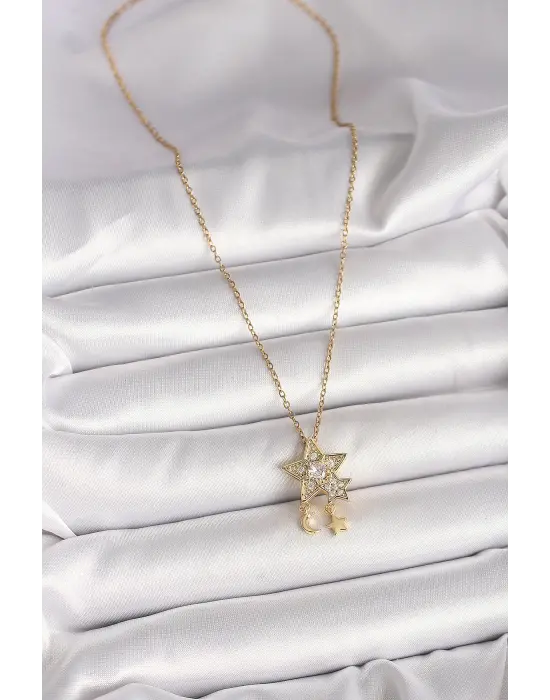316L Çelik Gold Renk Zincir Zirkon Taşlı Yıldız Model Sallanı Ay Yıldız Detay Kadın Kolye