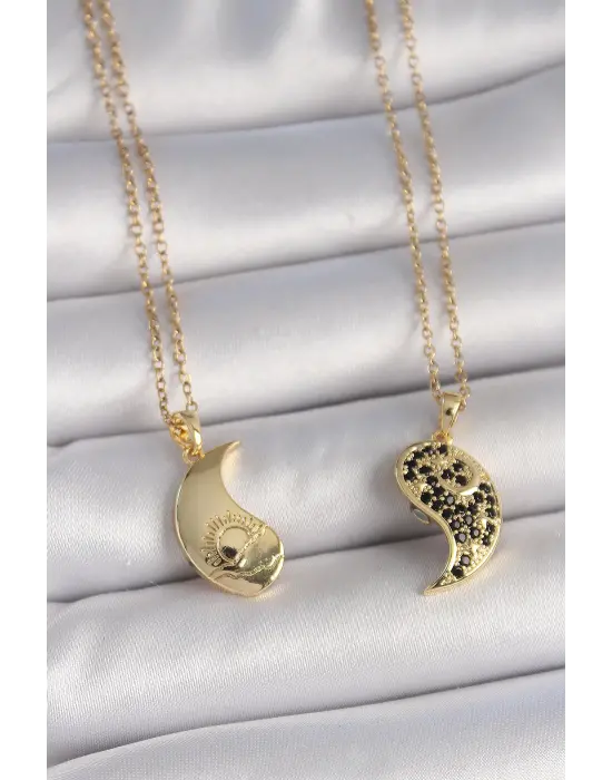316L Çelik Gold Renk Zincir Zirkon Taşlı Ying Yang Model Gün Batımı İşlemeli Arkadaşlık Kadın Kolye