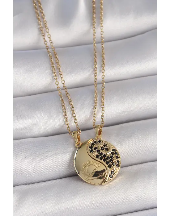 316L Çelik Gold Renk Zincir Zirkon Taşlı Ying Yang Model Gün Batımı İşlemeli Arkadaşlık Kadın Kolye